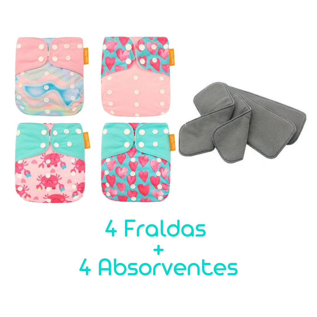 Kit com 4 Fraldas Eclógicas  + 4 Absorventes Carvão de Bambu - Estampa Corações