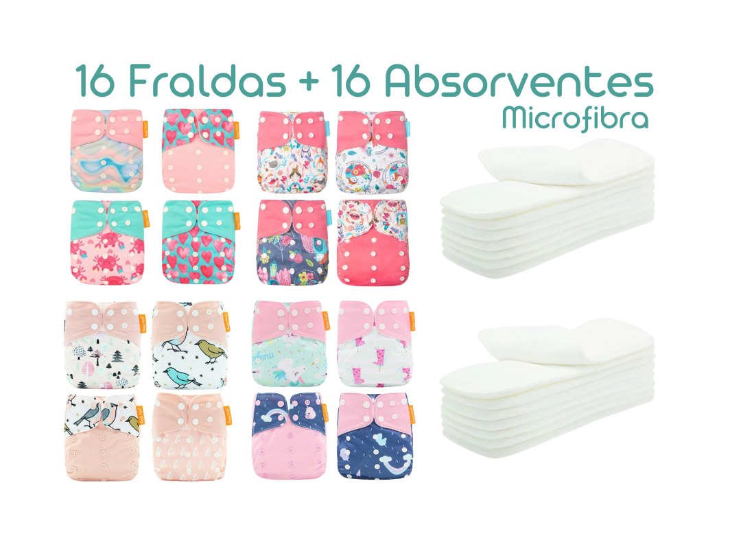 Kit com 16 Fraldas + 16 Absorventes - Estampa Pássaros