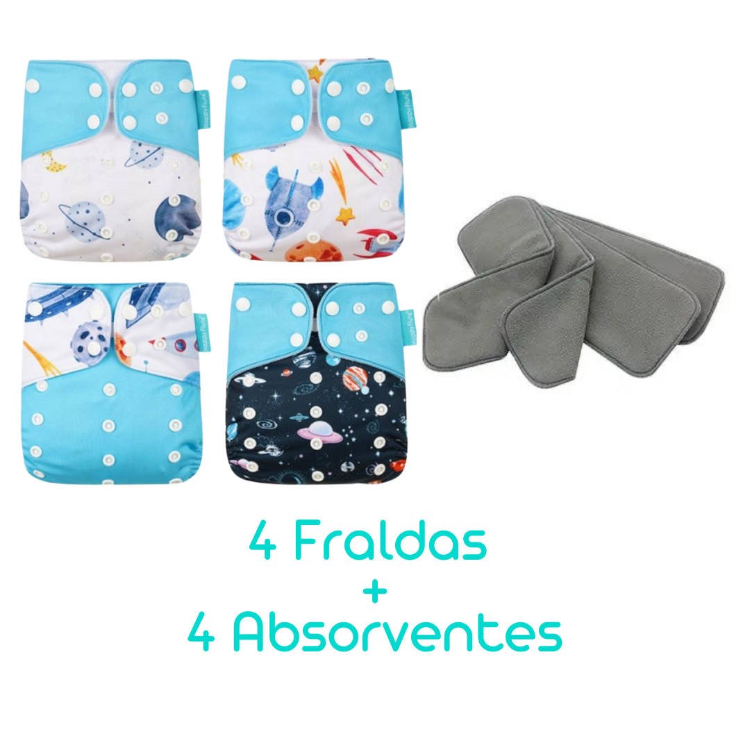 Kit com 4 Fraldas Eclógicas  + 4 Absorventes Carvão de Bambu - Estampa Planetas