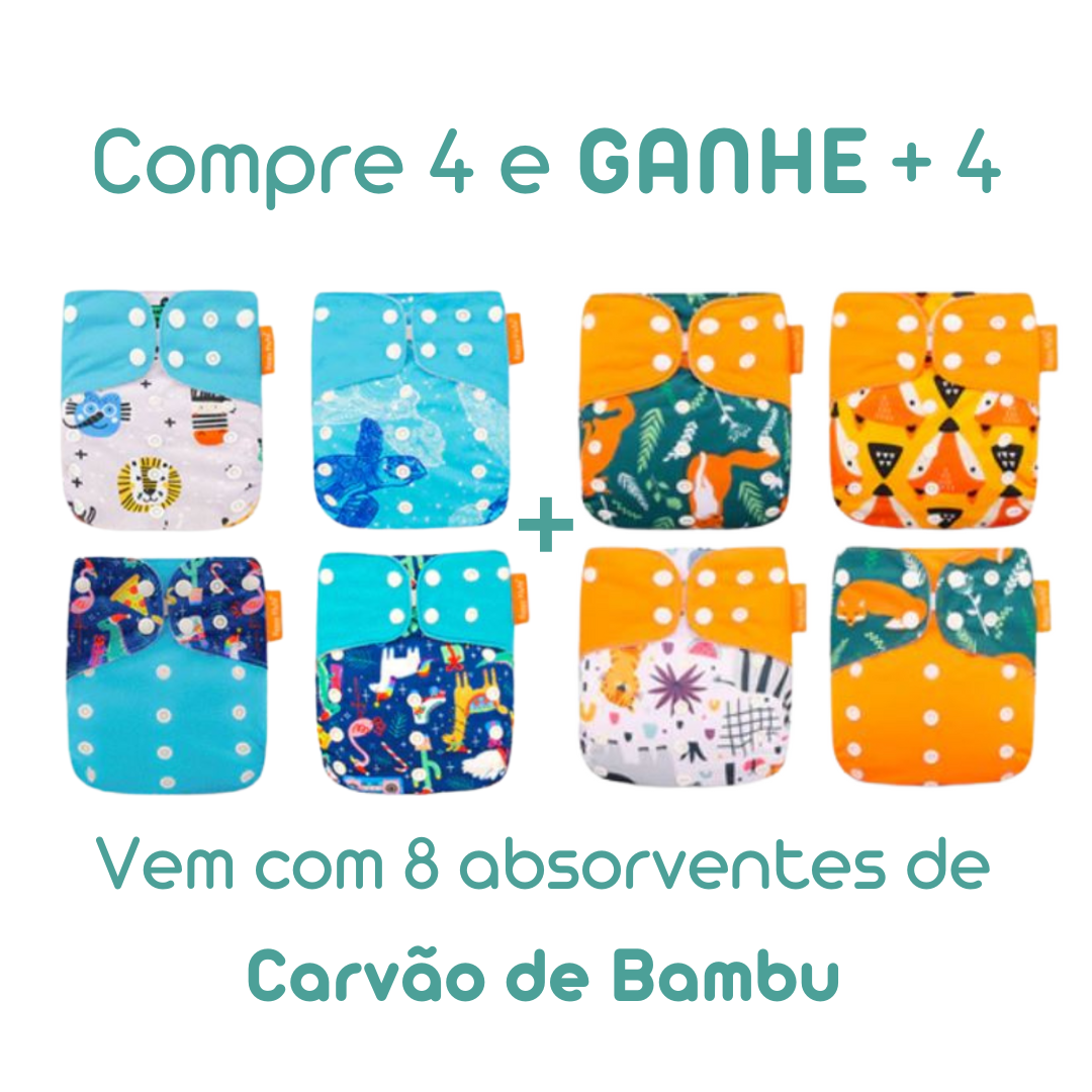 Kit com 8 Fraldas + Absorventes de Carvão de Bambu - Nanda Fraldas