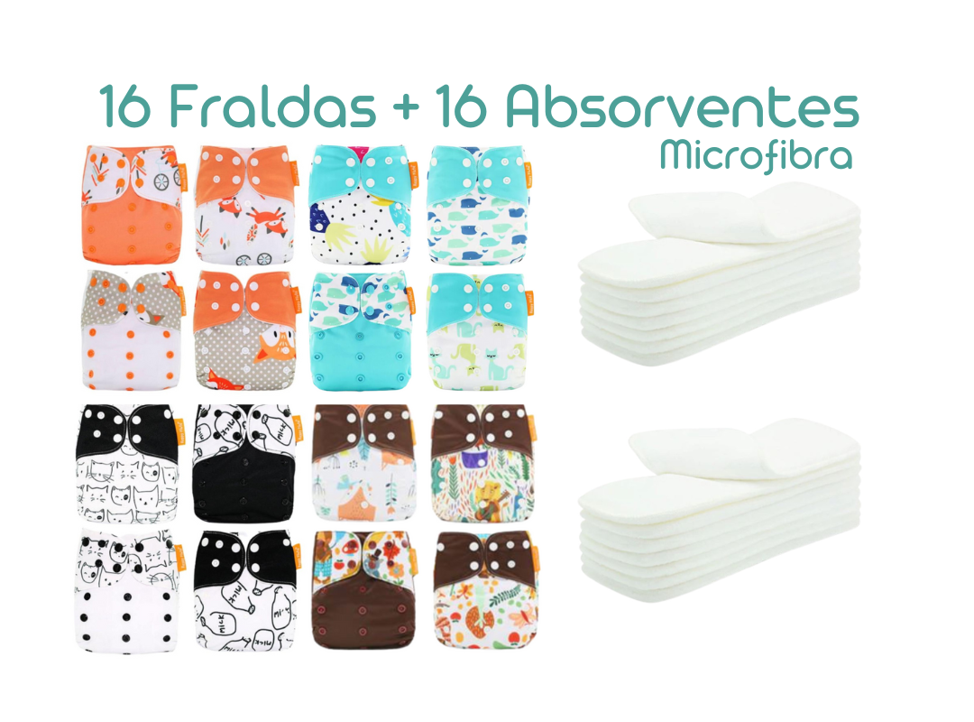 Kit com 16 Fraldas + 16 Absorventes - Estampa Raposa