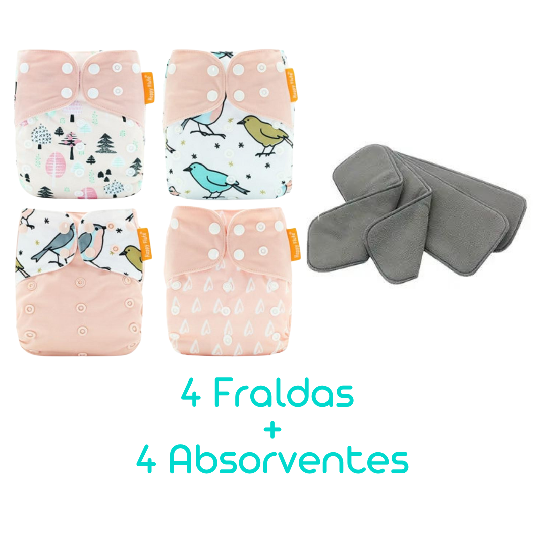 Kit com 4 Fraldas Eclógicas  + 4 Absorventes Carvão de Bambu - Estampa Passarinhos