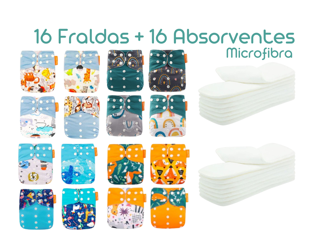 Kit com 16 Fraldas + 16 Absorventes - Estampa Safari