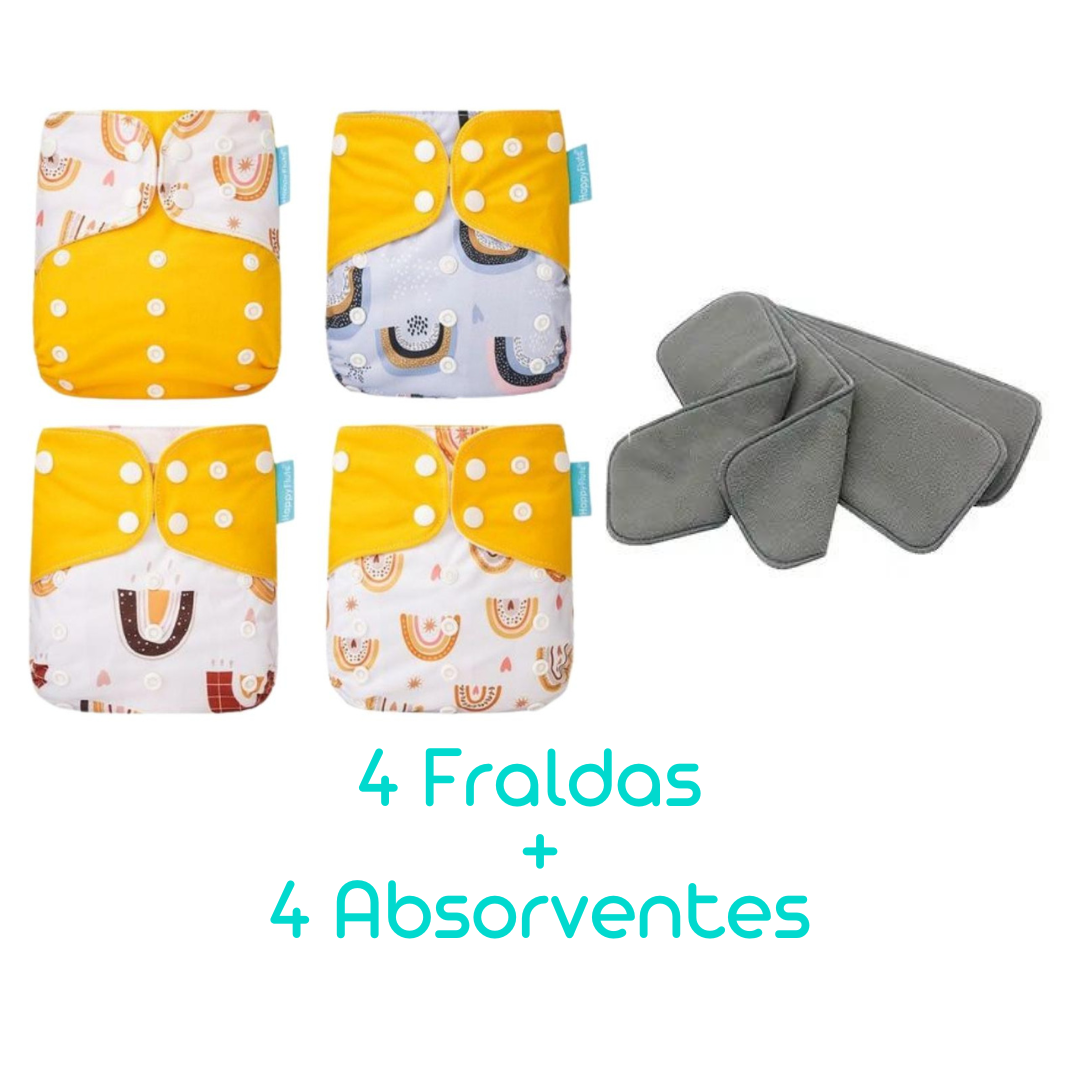 Kit com 4 Fraldas Eclógicas  + 4 Absorventes Carvão de Bambu - Estampa Arco-íris Amarelo