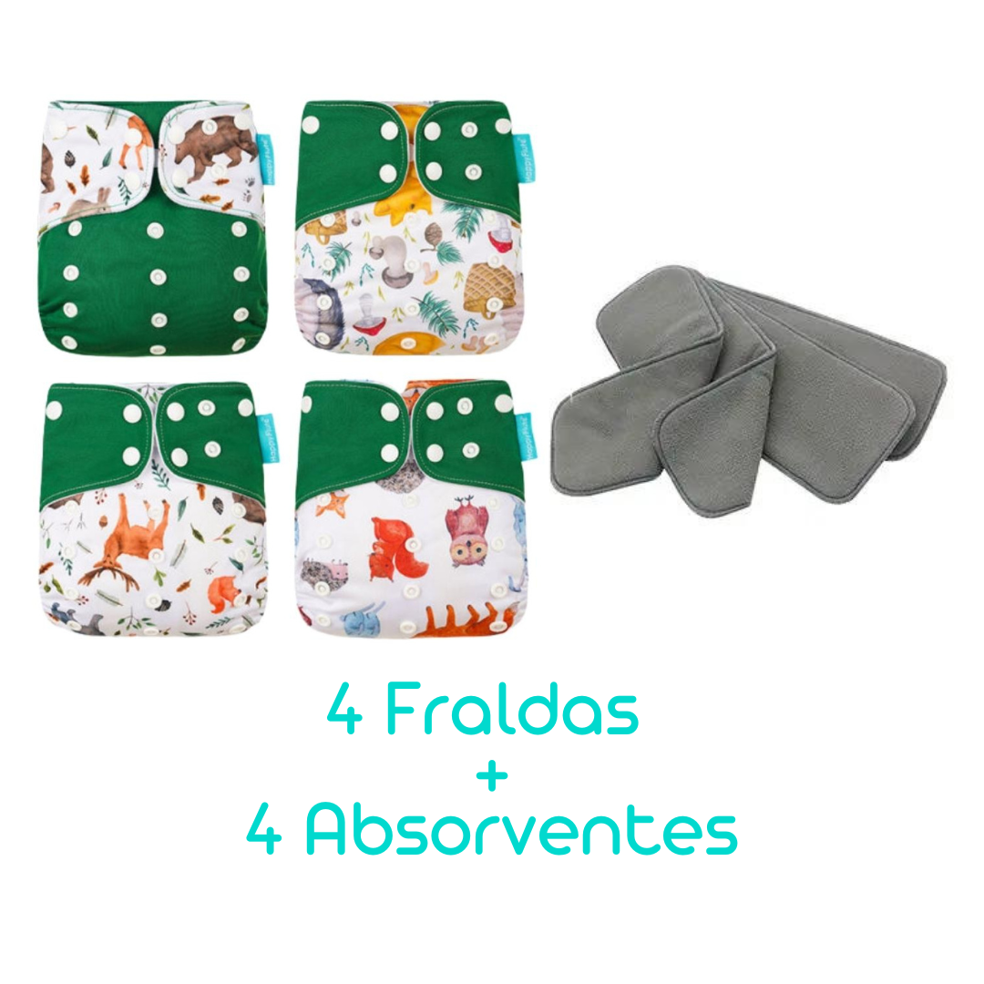 Kit com 4 Fraldas Eclógicas  + 4 Absorventes Carvão de Bambu - Estampa Floresta