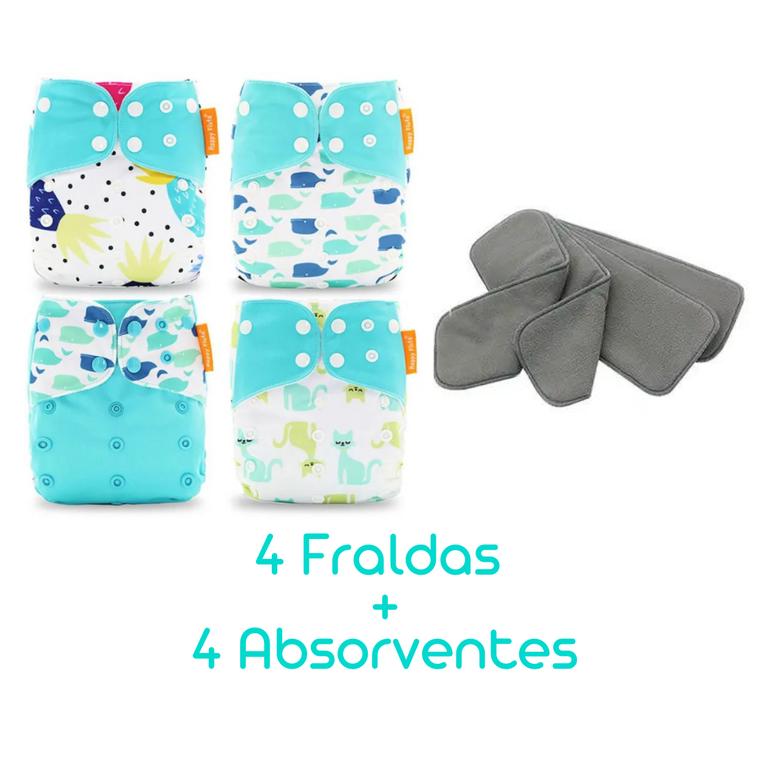 Kit com 4 Fraldas Eclógicas  + 4 Absorventes Carvão de Bambu - Estampa Kit 4 Fraldas Ecológicas Com Absorventes Carvão de Bambu Estampa Abacaxi