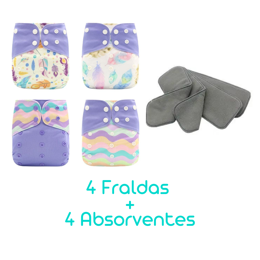 Kit com 4 Fraldas Eclógicas  + 4 Absorventes Carvão de Bambu - Estampa Penas