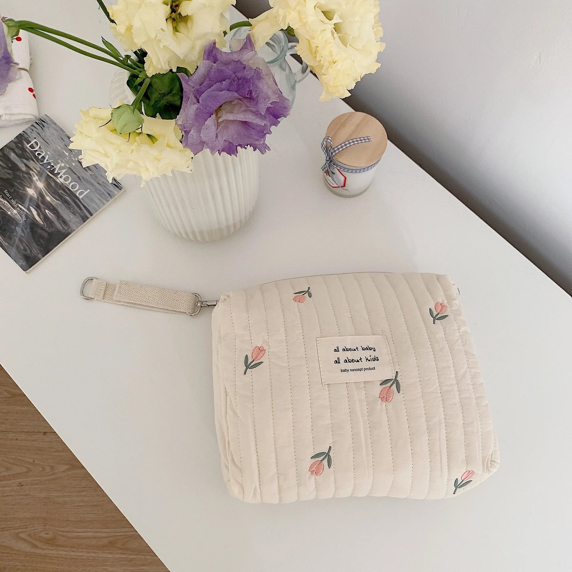Saco de armazenamento portátil de algodão com zíper bordado saco de fraldas reutilizáveis absorventes higiênicos organizador sacos de carrinho cosméticos bolsa
