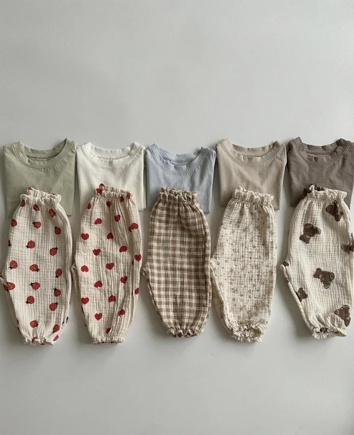 Calças de bebê de algodão orgânico recém-nascidos outono primavera verão inverno bonito impressão macia musselina roupas calças pantalons capris