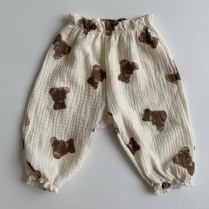 Calças de bebê de algodão orgânico recém-nascidos outono primavera verão inverno bonito impressão macia musselina roupas calças pantalons capris