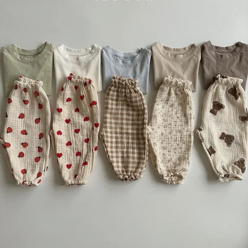 Calças de bebê de algodão orgânico recém-nascidos outono primavera verão inverno bonito impressão macia musselina roupas calças pantalons capris