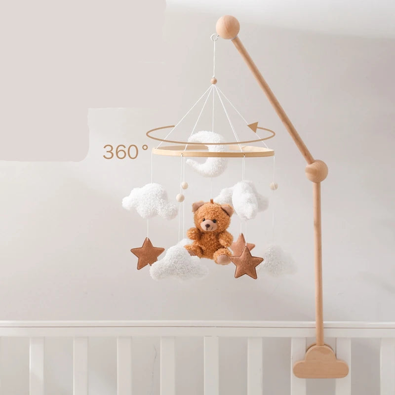 Berço de madeira móvel cama do bebê sino chocalho brinquedo macio feltro dos desenhos animados urso móvel pendurado caixa música recém-nascido cama sino pendurado suporte brinquedo