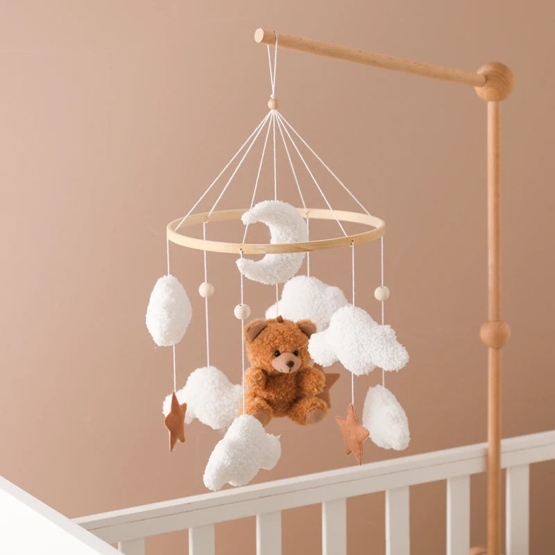 Berço de madeira móvel cama do bebê sino chocalho brinquedo macio feltro dos desenhos animados urso móvel pendurado caixa música recém-nascido cama sino pendurado suporte brinquedo
