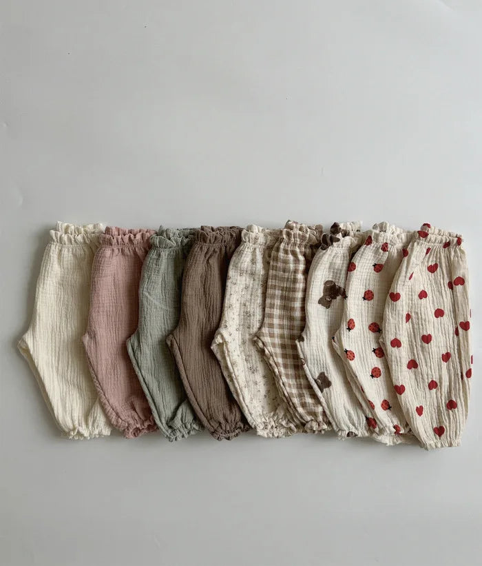 Calças de bebê de algodão orgânico recém-nascidos outono primavera verão inverno bonito impressão macia musselina roupas calças pantalons capris