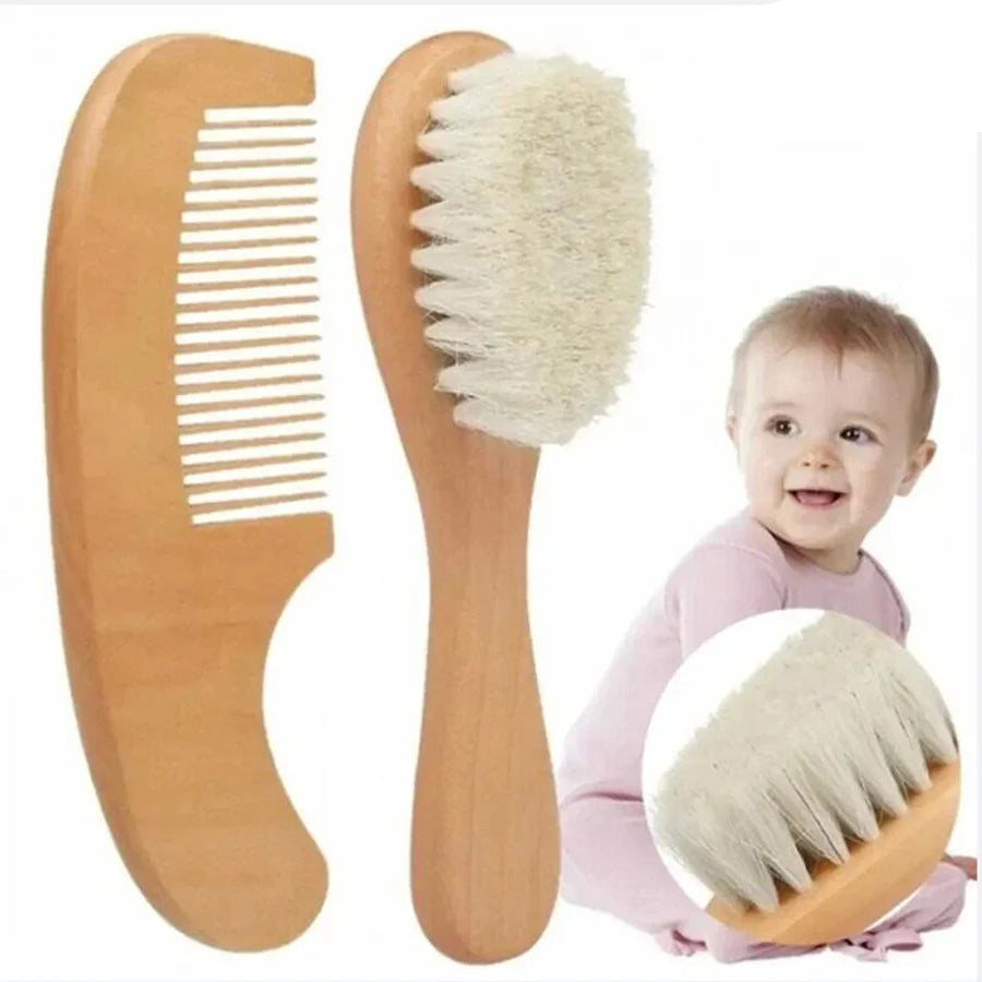2 pçs conjunto de pente do bebê cuidados com o bebê escova de cabelo faia lã macia pente de madeira recém-nascido massageador chuveiro do bebê e presente cabelo do bebê calmante