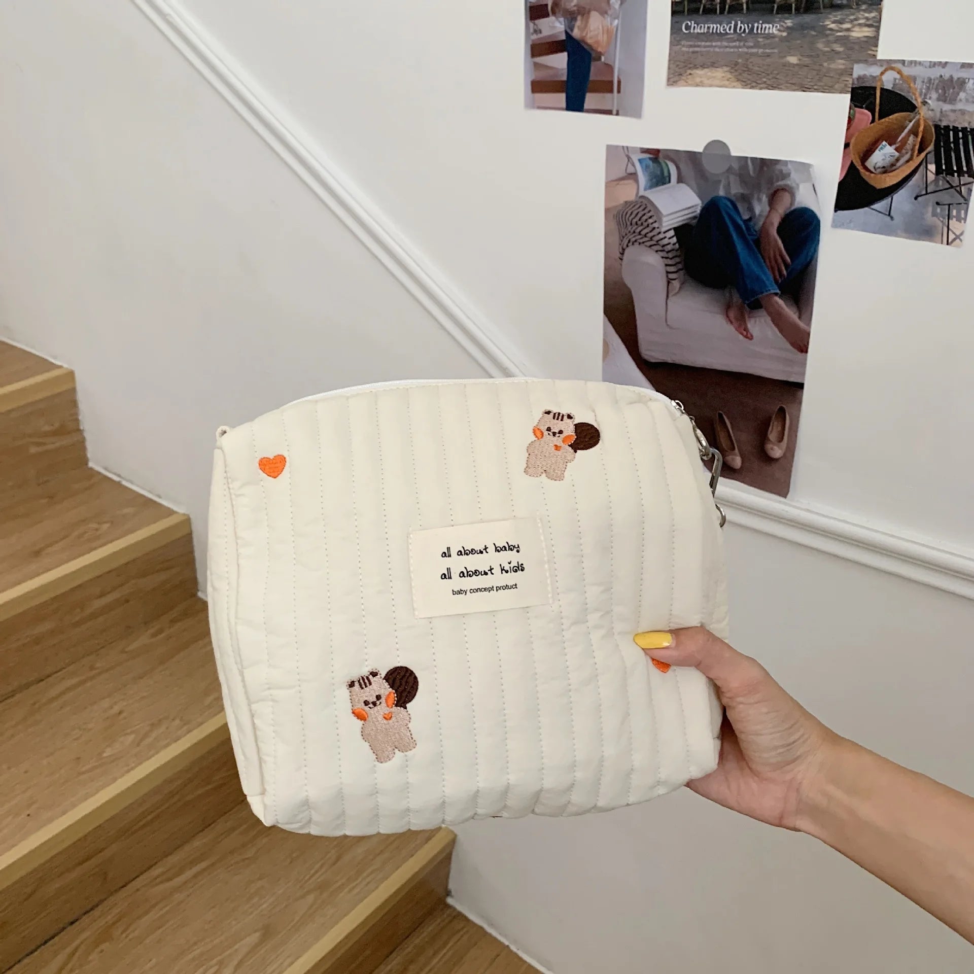 Saco de armazenamento portátil de algodão com zíper bordado saco de fraldas reutilizáveis absorventes higiênicos organizador sacos de carrinho cosméticos bolsa