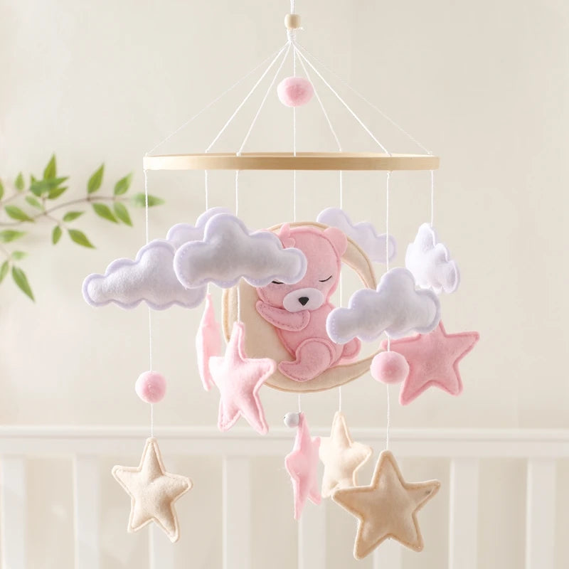 Berço de madeira móvel cama do bebê sino chocalho brinquedo macio feltro dos desenhos animados urso móvel pendurado caixa música recém-nascido cama sino pendurado suporte brinquedo