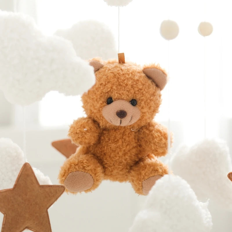 Berço de madeira móvel cama do bebê sino chocalho brinquedo macio feltro dos desenhos animados urso móvel pendurado caixa música recém-nascido cama sino pendurado suporte brinquedo