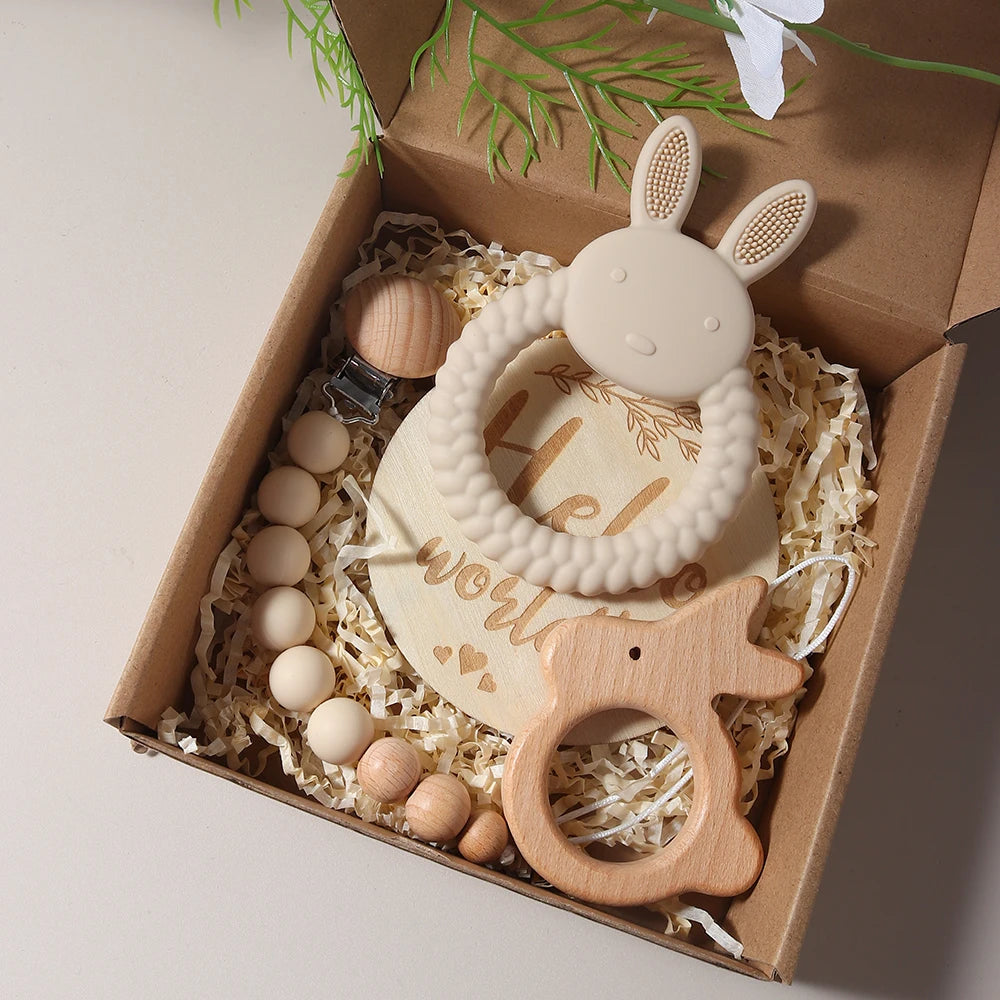 Conjunto de presente para bebê recém-nascido, mordedor de coelho de silicone, chocalho de coelho de madeira, adereços para fotografia