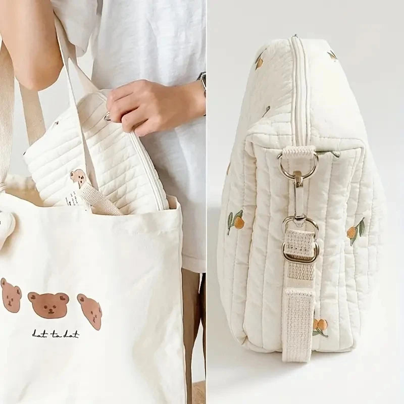 Saco de armazenamento portátil de algodão com zíper bordado saco de fraldas reutilizáveis absorventes higiênicos organizador sacos de carrinho cosméticos bolsa