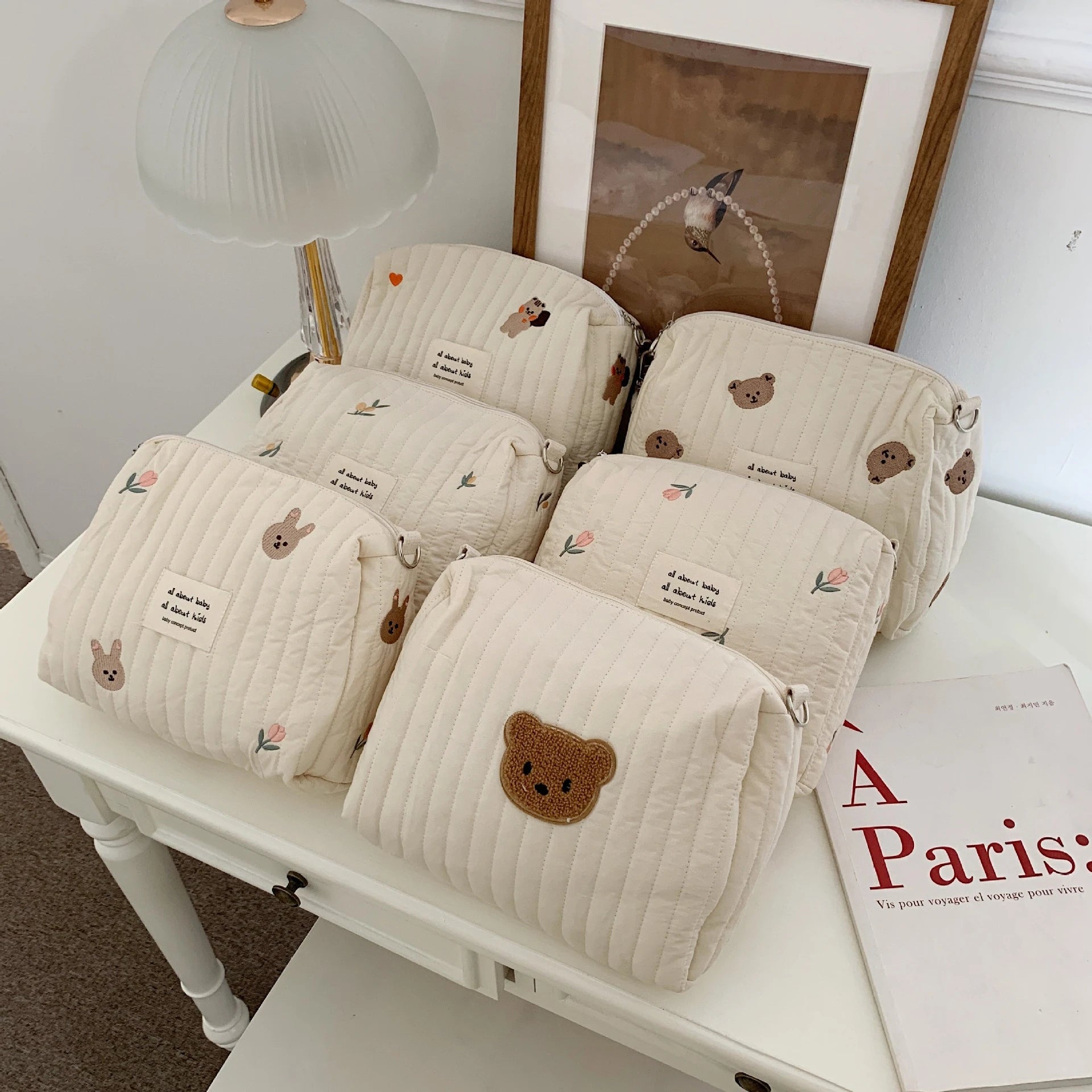 Saco de armazenamento portátil de algodão com zíper bordado saco de fraldas reutilizáveis absorventes higiênicos organizador sacos de carrinho cosméticos bolsa