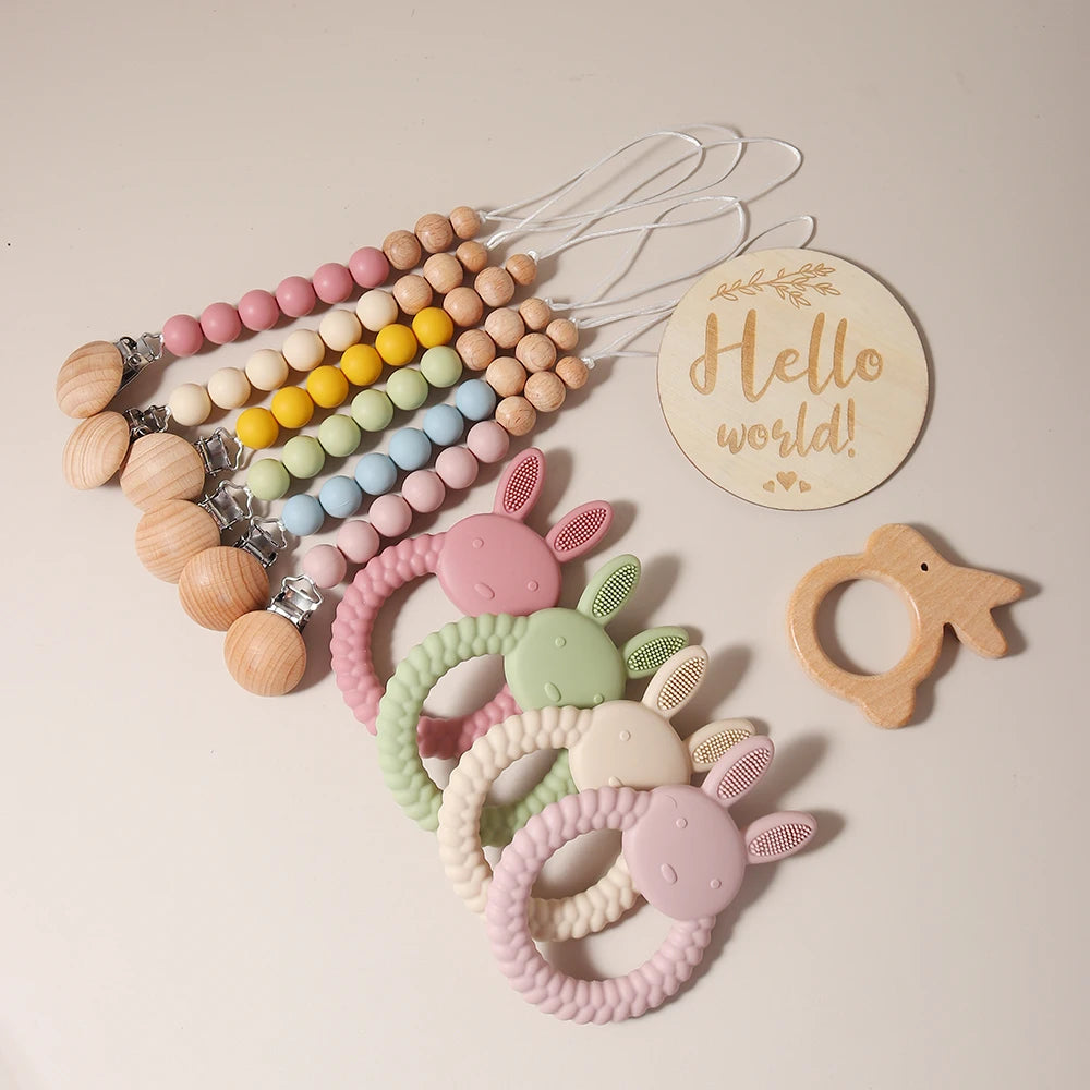 Conjunto de presente para bebê recém-nascido, mordedor de coelho de silicone, chocalho de coelho de madeira, adereços para fotografia